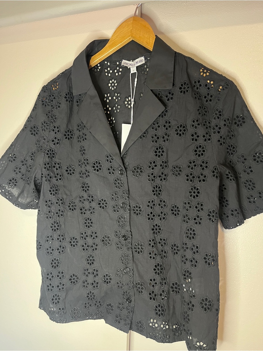 Veronica Beard Gothic Romantic Black Floral Eyelet Short Sleeve Blouse